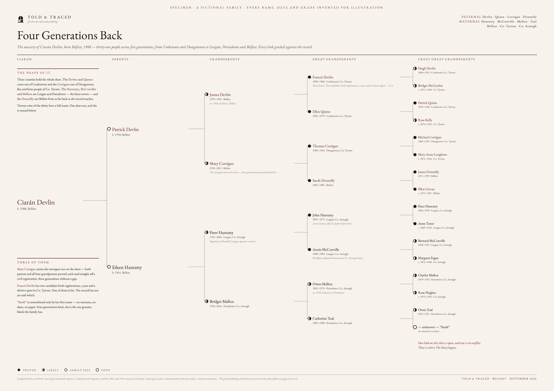The chart, as it arrives — a specimen family, every name invented for illustration.