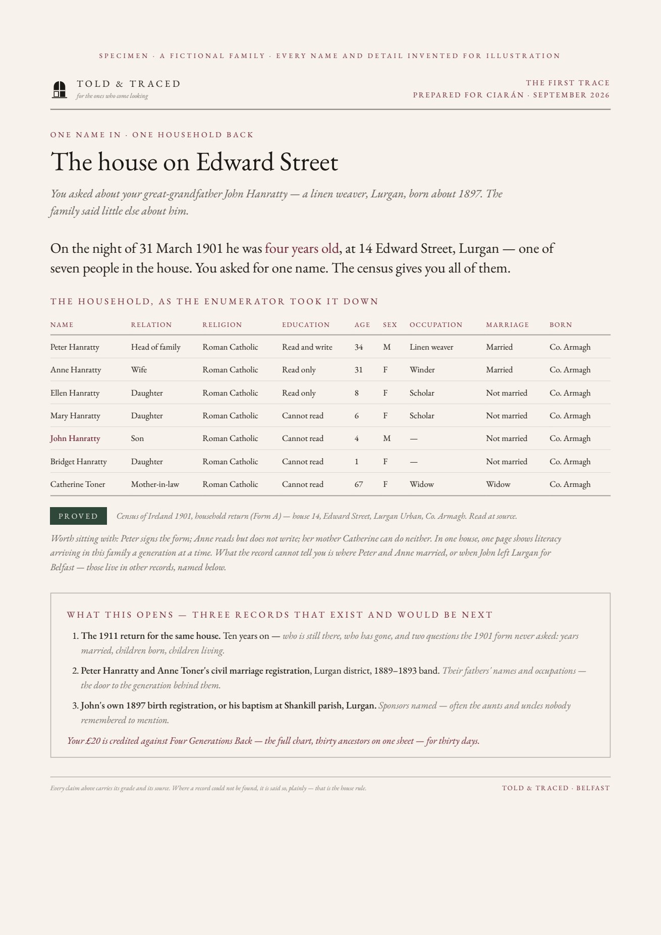A specimen First Trace page — a fictional family, every name invented for illustration.